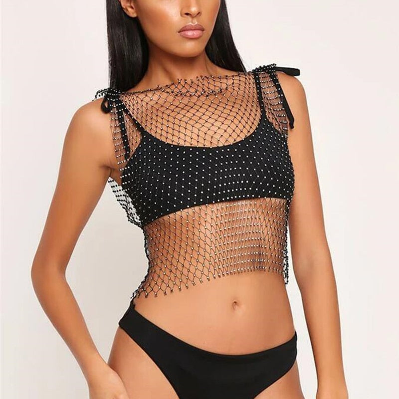 Crystal Rhinestone-Detail Mesh Top - 8 Colors