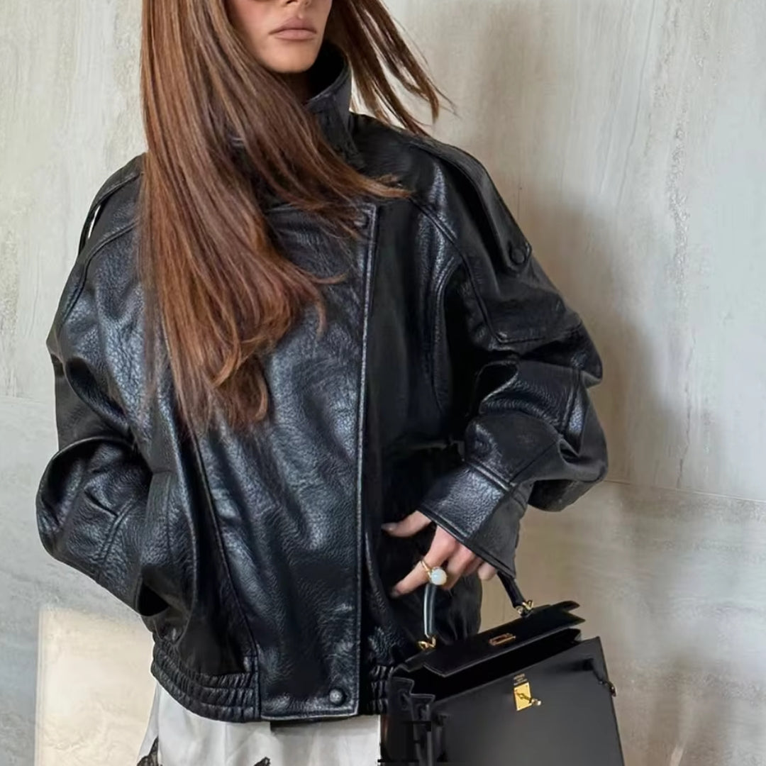 Diane Stand Collar Faux  Leather Bomber Jacket