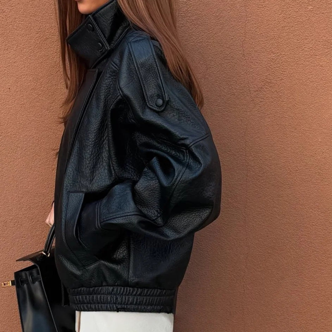 Diane Stand Collar Faux  Leather Bomber Jacket
