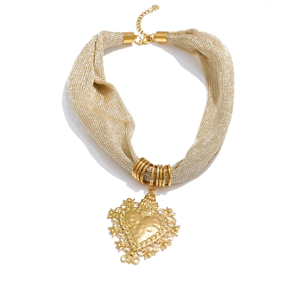 Elegant Heart Pendant Mesh Cloth Choker Necklace