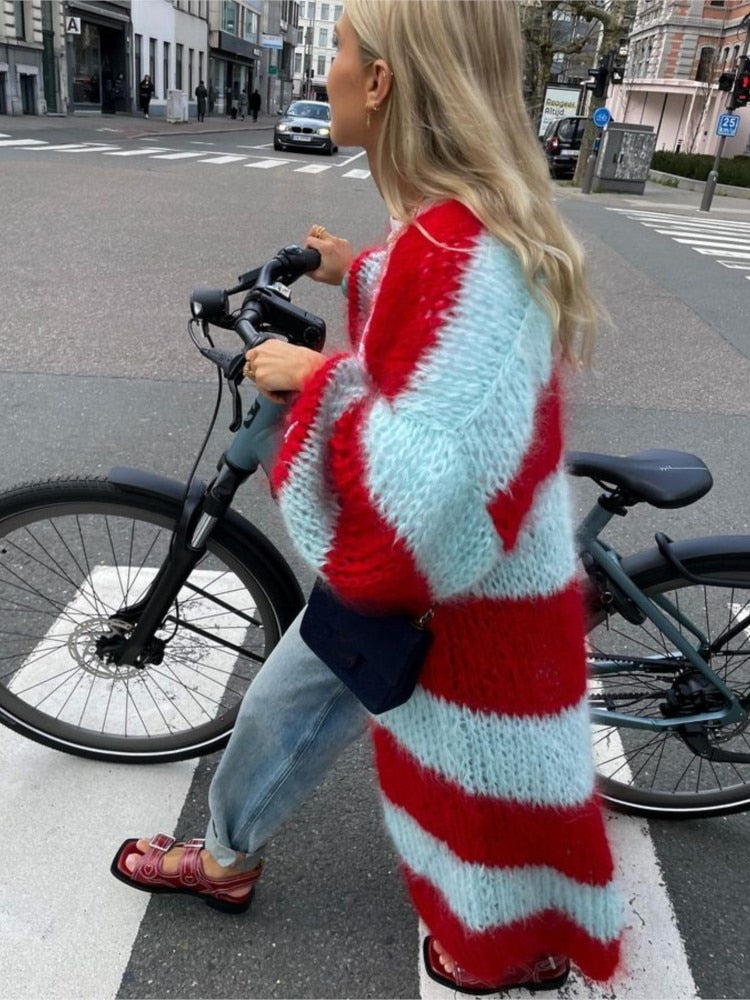 Elene Big Stripe Maxi Furry Cardigans - 2 Colors