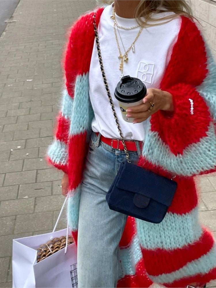 Elene Big Stripe Maxi Furry Cardigans - 2 Colors