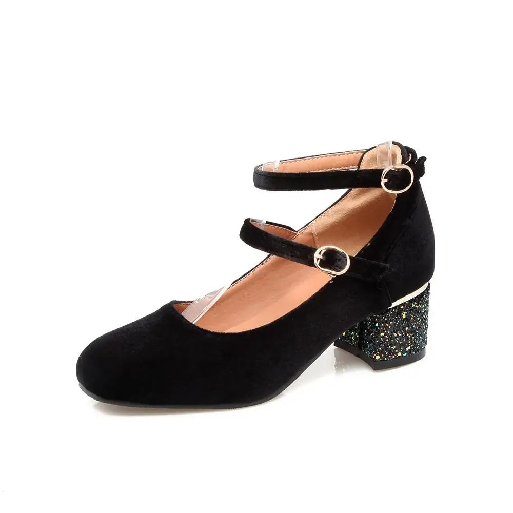 Elin Sequined Heel Mary Jane Velvet Pumps
