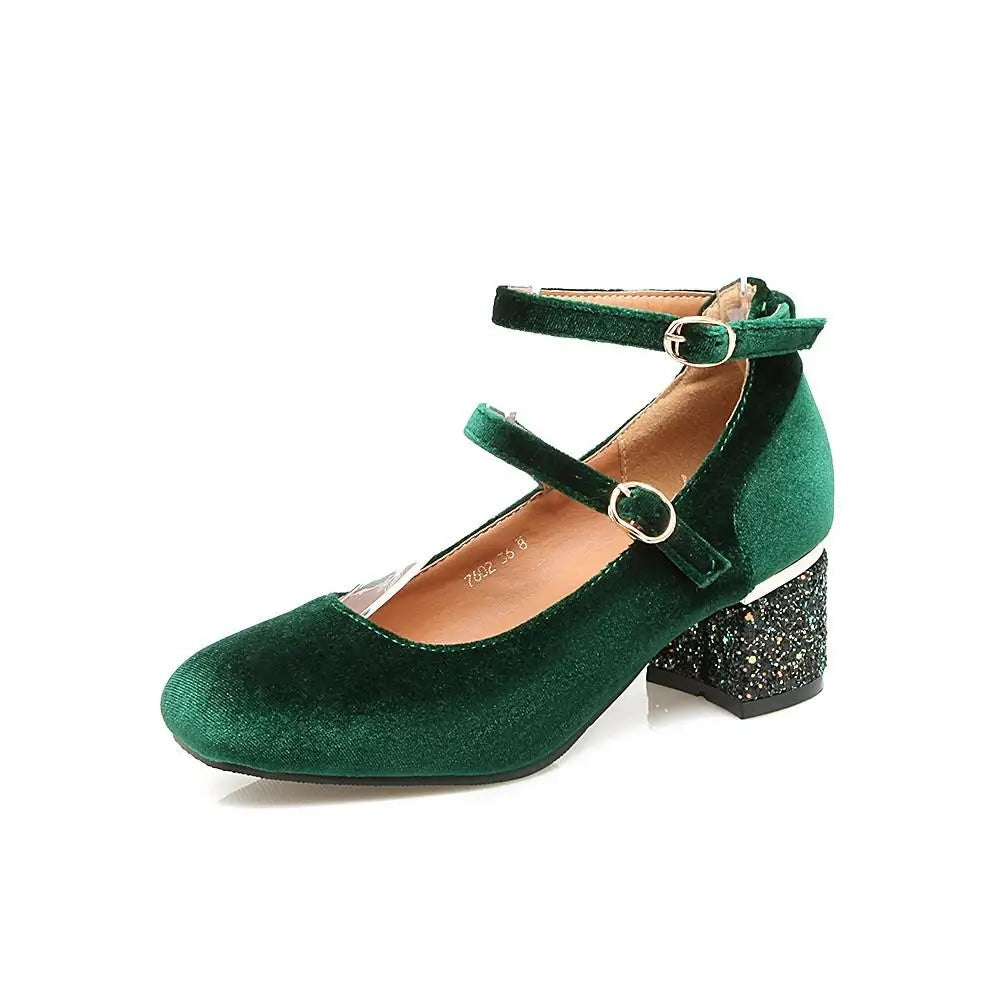 Elin Sequined Heel Mary Jane Velvet Pumps