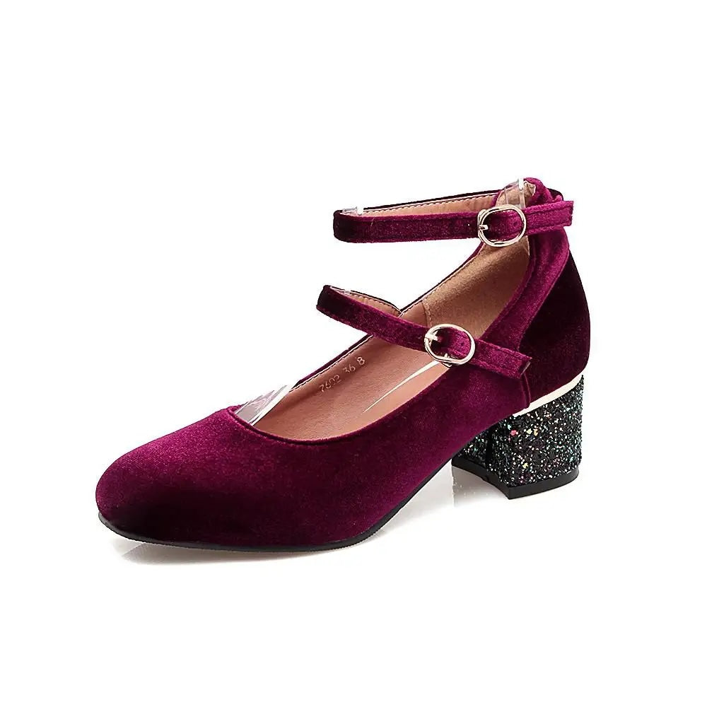 Elin Sequined Heel Mary Jane Velvet Pumps