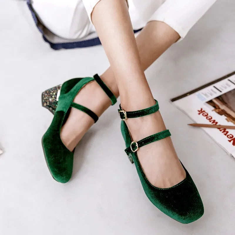 Elin Sequined Heel Mary Jane Velvet Pumps
