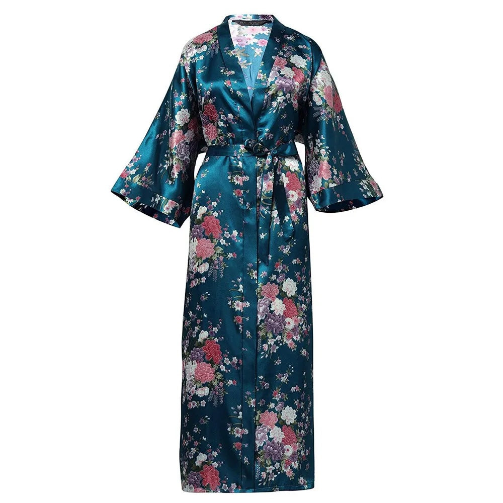 Floral Kimono Maxi Satin Silk Robe