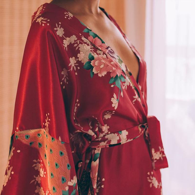 Floral Satin Mini Kimono Robes - Dark-Pink Color M