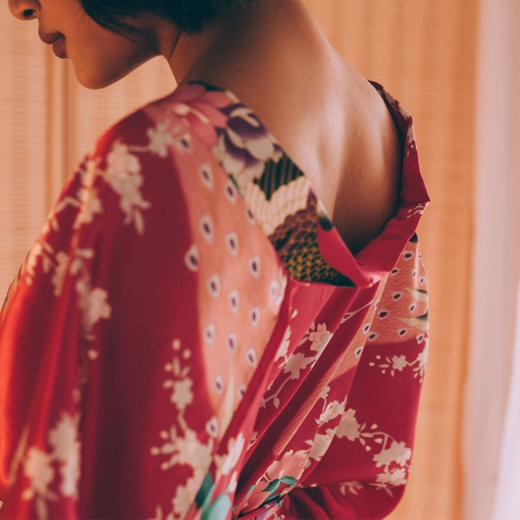 Floral Satin Mini Kimono Robes - Dark-Pink Color M