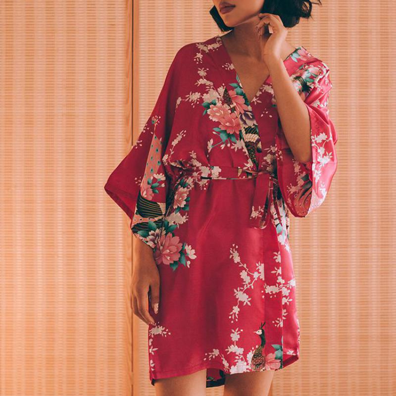 Floral Satin Mini Kimono Robes - Dark-Pink Color M