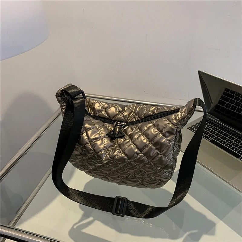 Frida Metallic Quilted Nylon Hobo Bags