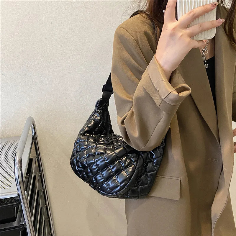 Frida Metallic Quilted Nylon Hobo Bags