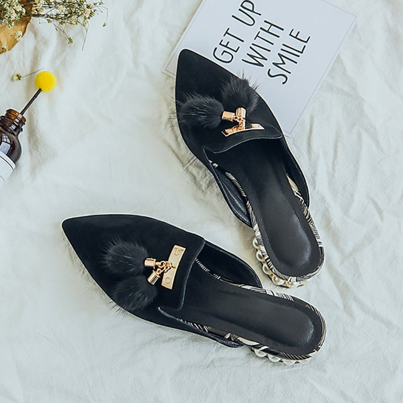 Fur Tassel Suede Mules - Black 36/US 6