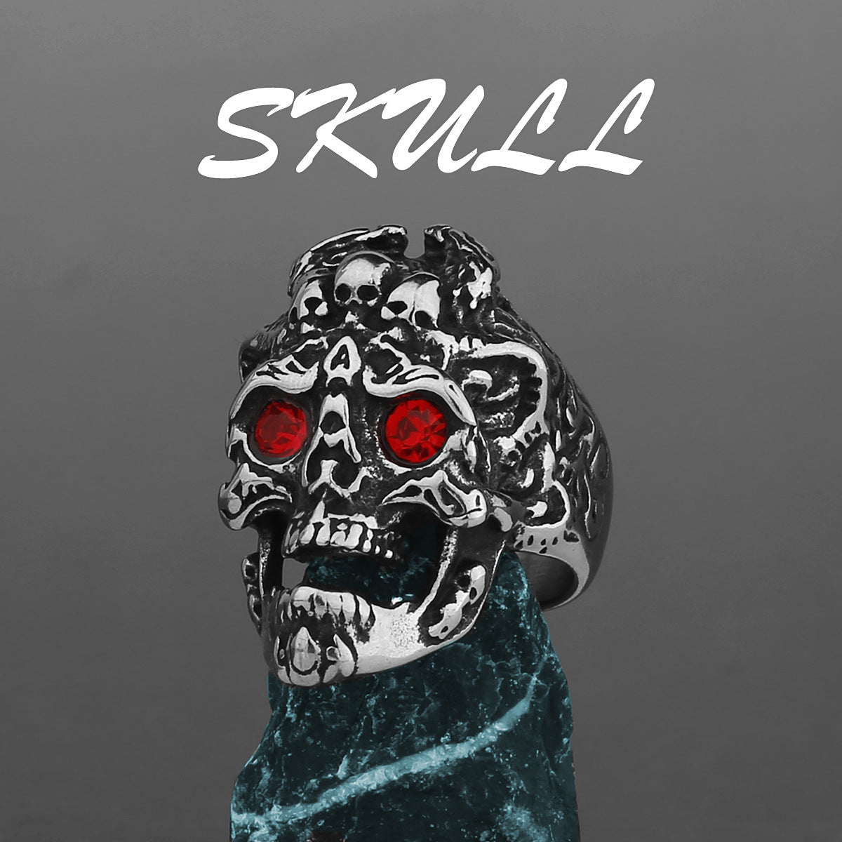Goth Ruby-Eyed Skull-Motif Ring