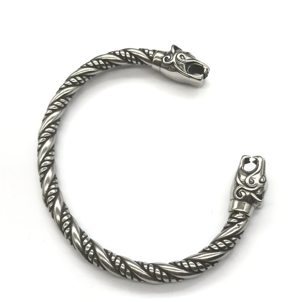 Goth Viking Dragon Heads Steel Braids Cuff Bracelet - S