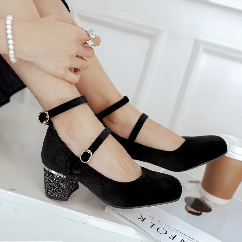 Elin Sequined Heel Mary Jane Velvet Pumps