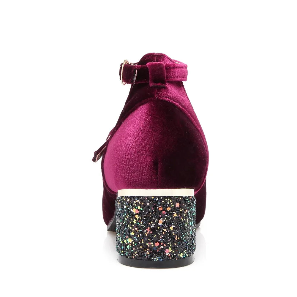 Elin Sequined Heel Mary Jane Velvet Pumps