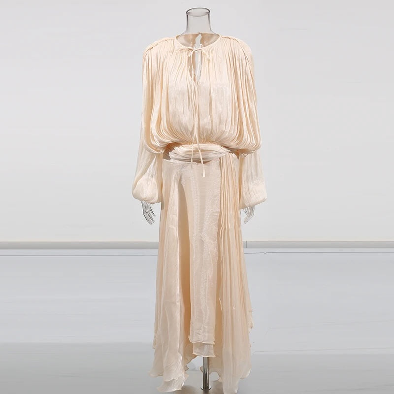 Heran Pleated Tie-Waist Chiffon Dress