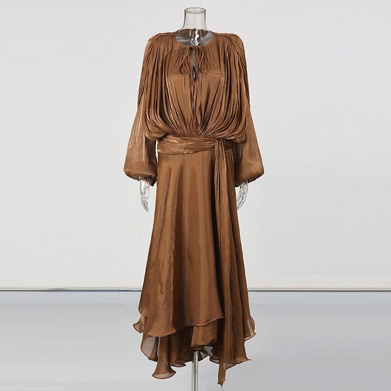 Heran Pleated Tie-Waist Chiffon Dress