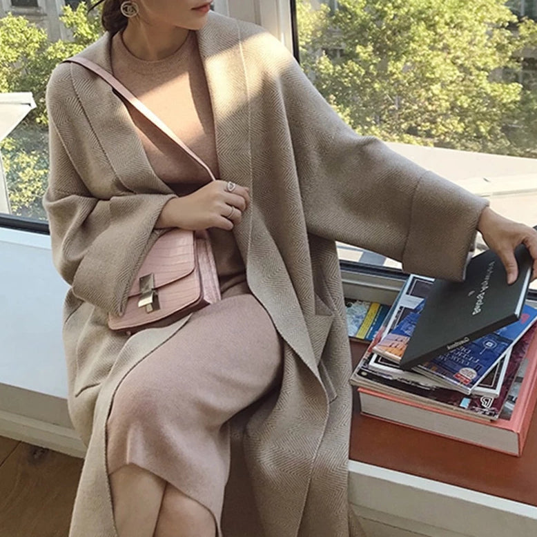 Herringbone Wool Knit Maxi Cardigan Coat - SIZE S -SALE
