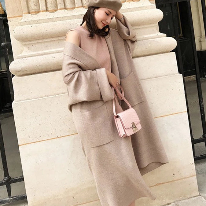 Herringbone Wool Knit Maxi Cardigan Coat - SIZE S -SALE