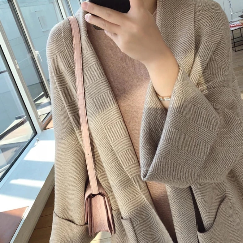 Herringbone Wool Knit Maxi Cardigan Coat - SIZE S -SALE