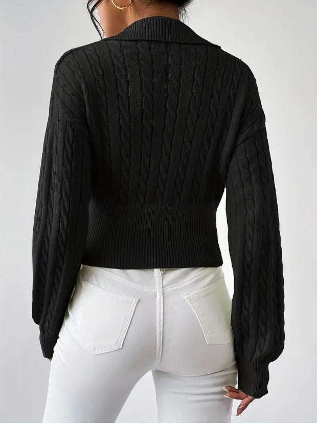 Solid Colour V-Neck Cropped Sweater with Lapel