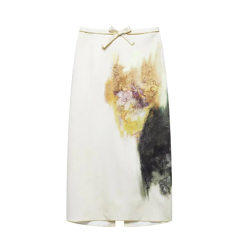 Jane Bow Tie Floral Prints Midi Skirt
