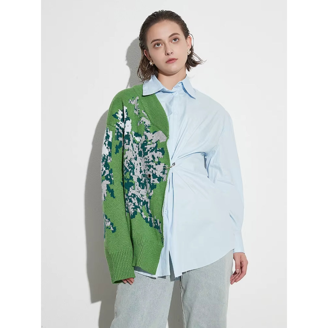 Jordana Asymmetric Knit–Shirt Hybrid Top