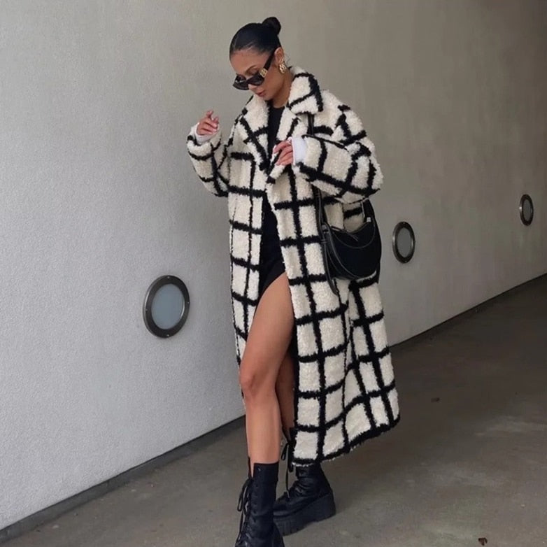 Kaia B/W Plaid Faux Fur Teddy Coat