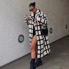 Kaia B/W Plaid Faux Fur Teddy Coat