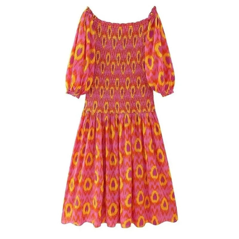 Kyra Printed Off the Shoulder Shirring Dress