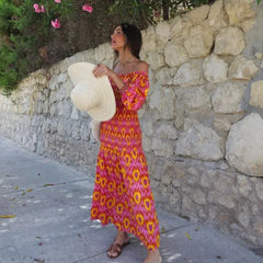 Kyra Printed Off the Shoulder Shirring Dress