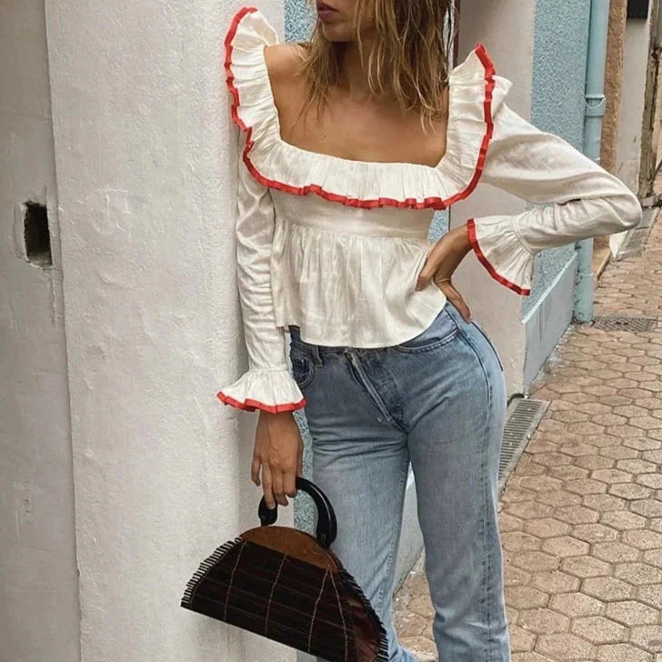 Lani Babydoll Ruffle Blouse / Beige S, L - SALE
