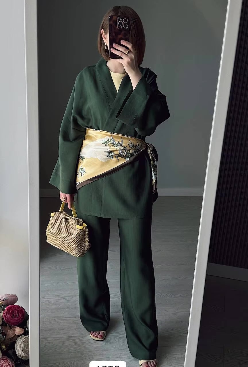 Lena Green Belted Top & Pants Set