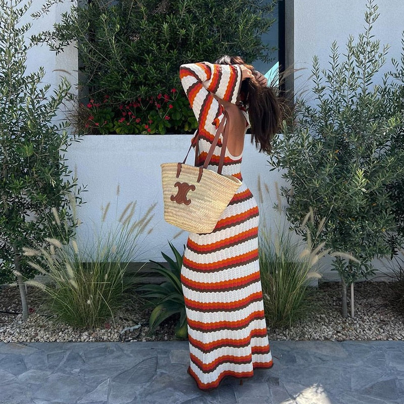 Lua Zigzag Pattern Crochet Open Back Maxi Dress - Red/M - SALE