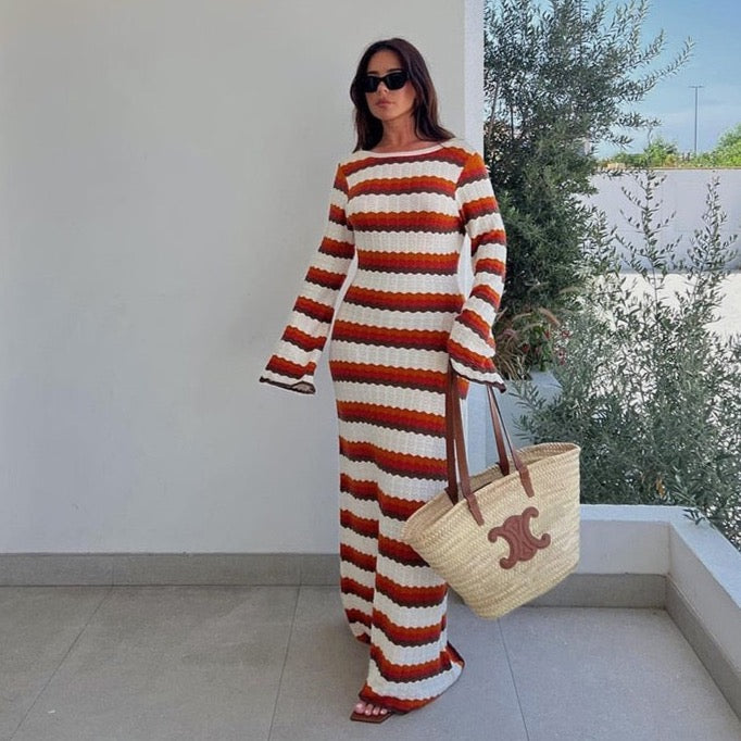 Lua Zigzag Pattern Crochet Open Back Maxi Dress - Red/M - SALE