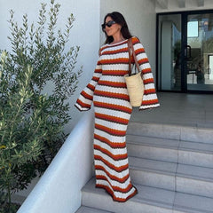 Lua Zigzag Pattern Crochet Open Back Maxi Dress - Red/M - SALE
