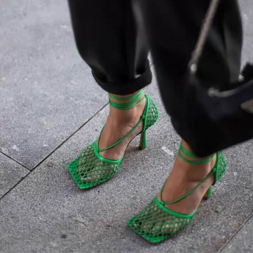 Lulu Square Toe Mesh Lace-Up Sandals - 4 Colors
