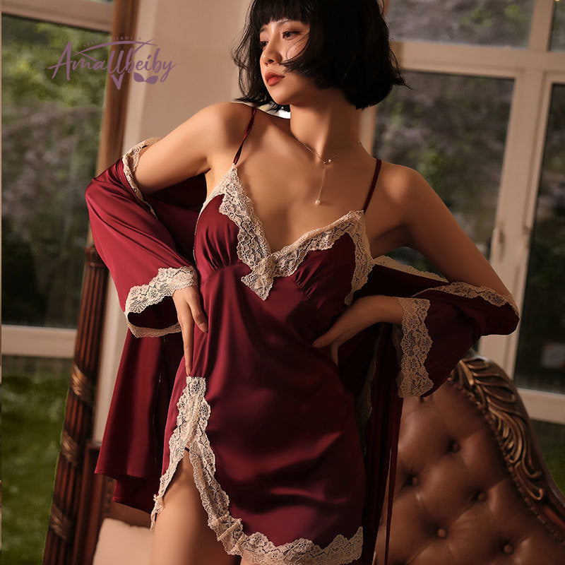 Melani Satin Lace-Trim Two-Piece Set