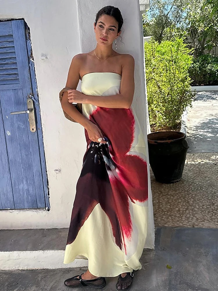 Mossa Strapless Floral Belt Tube Maxi Dress