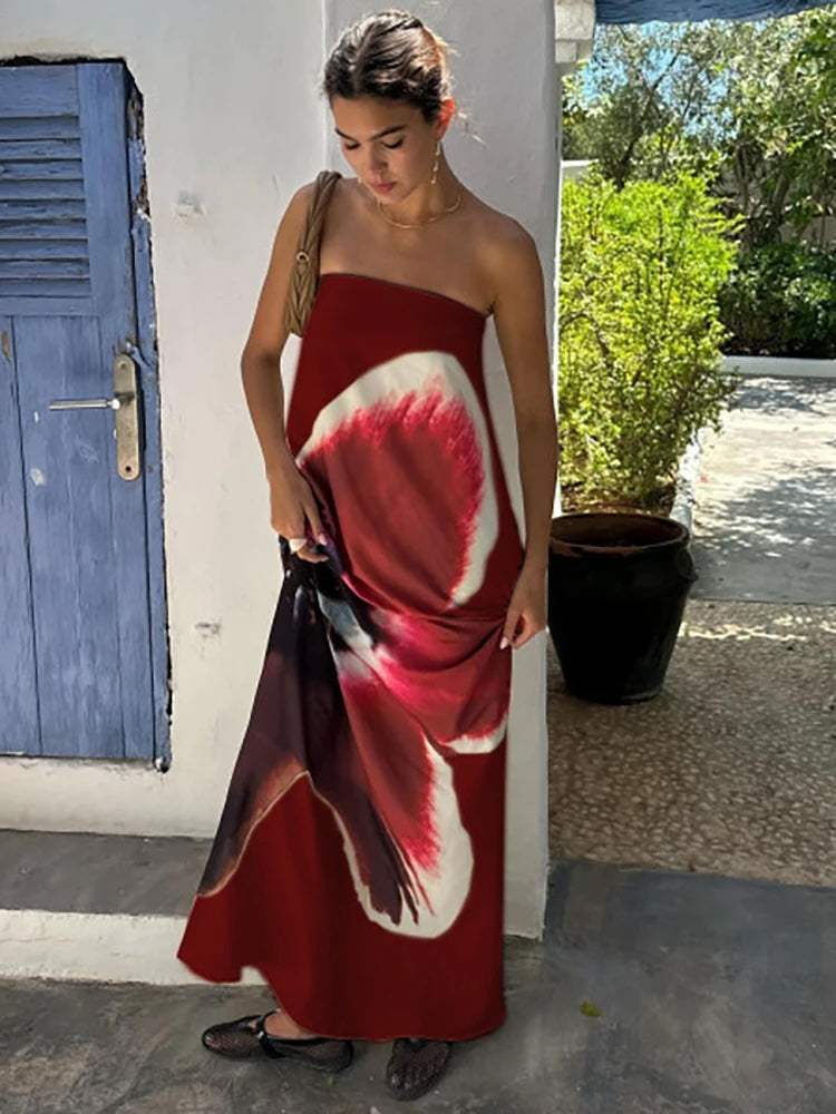 Mossa Strapless Floral Belt Tube Maxi Dress