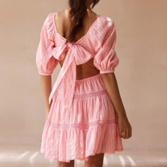 Nabie Back Bow Pink Baby Doll Mini Dress