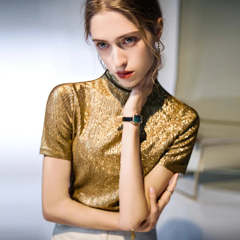 Noemie Crinkle Gold Short Sleeve Turtleneck Top - SALE
