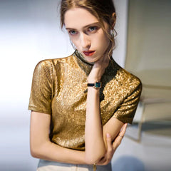 Noemie Crinkle Gold Short Sleeve Turtleneck Top - SALE