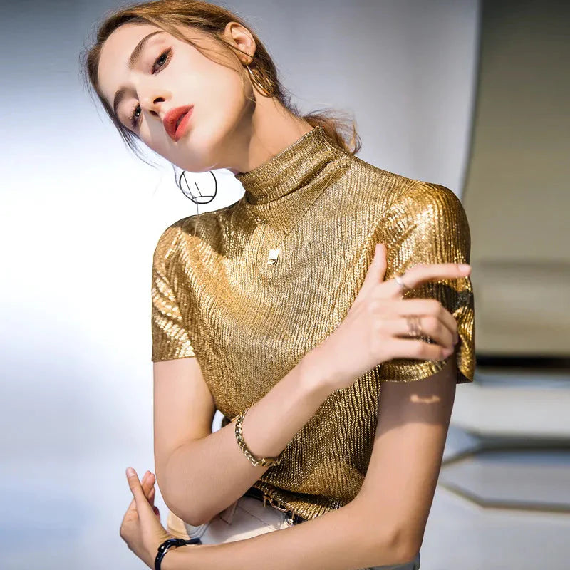 Noemie Crinkle Gold Short Sleeve Turtleneck Top - SALE