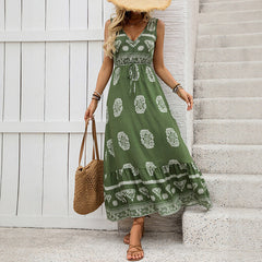 Holiday Printed Green Ethnic Style Casual V-neck High Waist Dress For Women