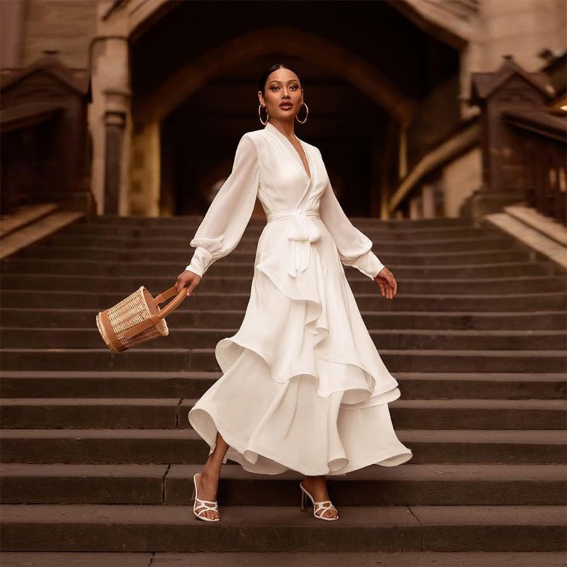 Elegant White Satin V-Neck Prom Dress â€?Long Sleeve Layered Ruffle Gown