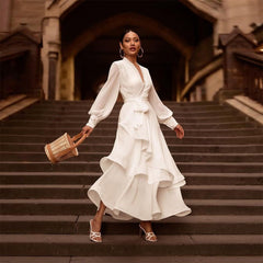 Elegant White Satin V-Neck Prom Dress â€?Long Sleeve Layered Ruffle Gown