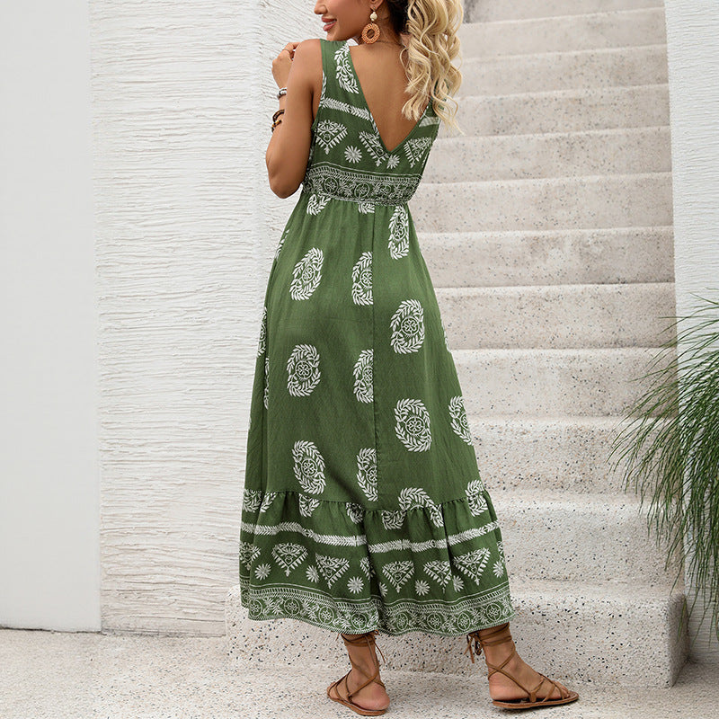 Holiday Printed Green Ethnic Style Casual V-neck High Waist Dress For Women